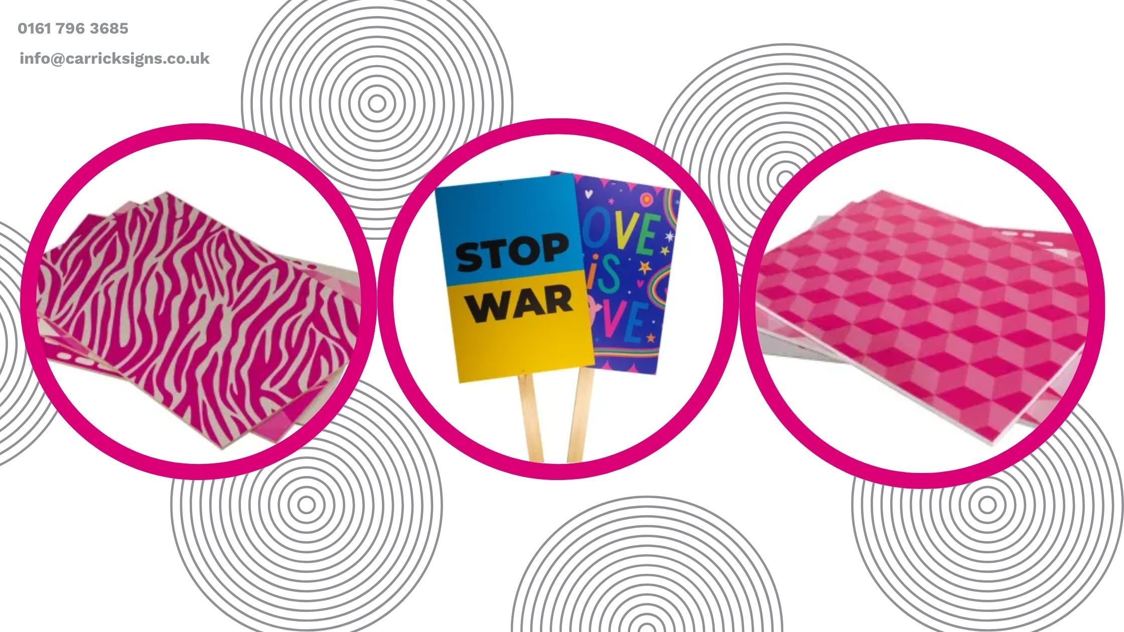 A selection of printed board products, including placards, foamcore printing and digital card printing.