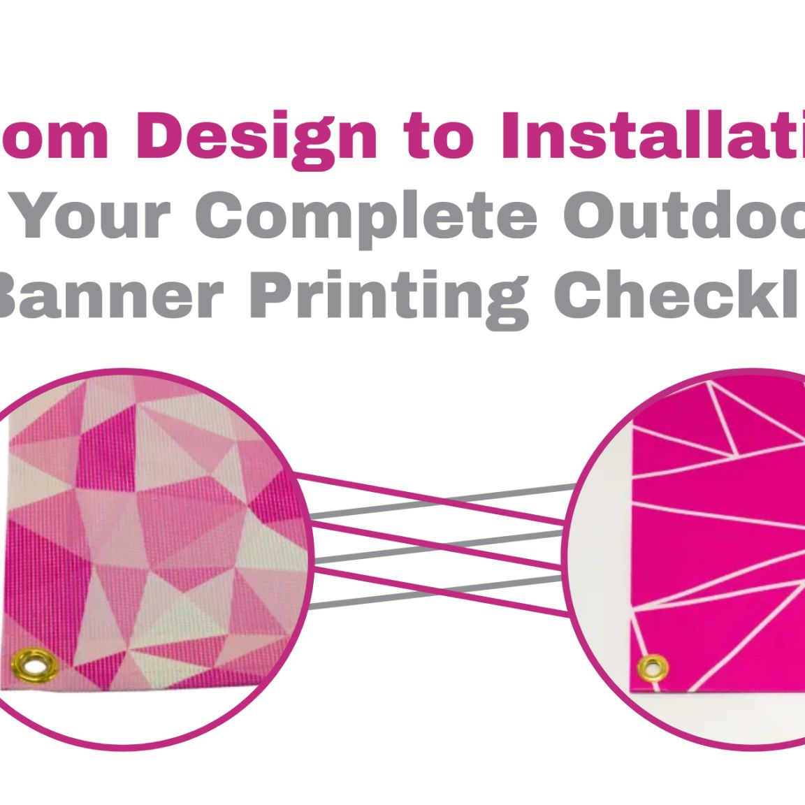 The title "From Design to Installation: Your Complete Outdoor Banner Printing Checklist" in bold pink and grey text, with two circular images of pink geometric outdoor banners.