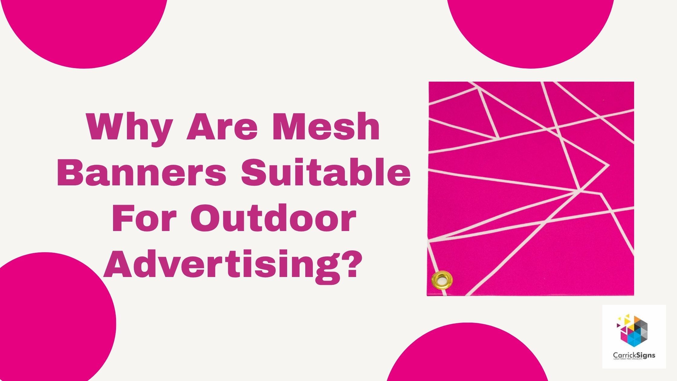 A pink and white branded infographic titled “Best Uses for Mesh Banners” displaying seven key applications. The design uses bold headings and clear layouts to highlight how mesh banners perform in outdoor retail environments.