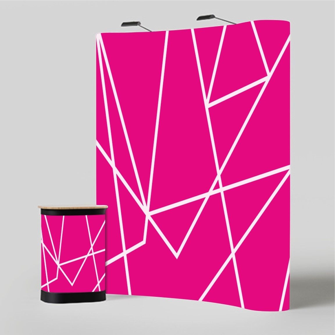 A pop-up display banner assembled with a collapsible frame and printed graphic panels, forming a wide branded backdrop suitable for exhibitions, trade shows, and event spaces.