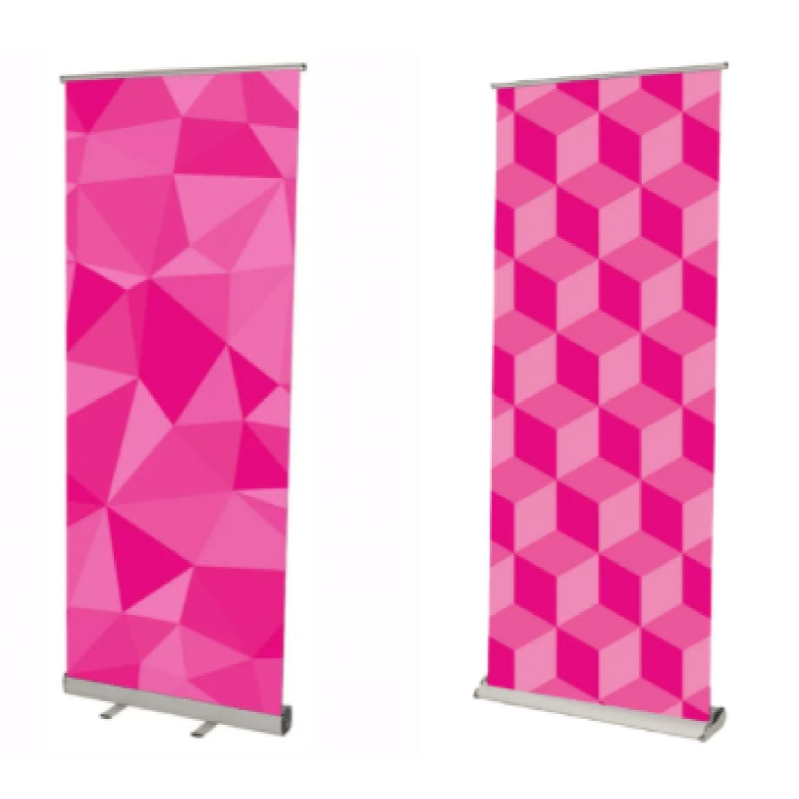 A standard and deluxe roller banner stood side by side for comparison